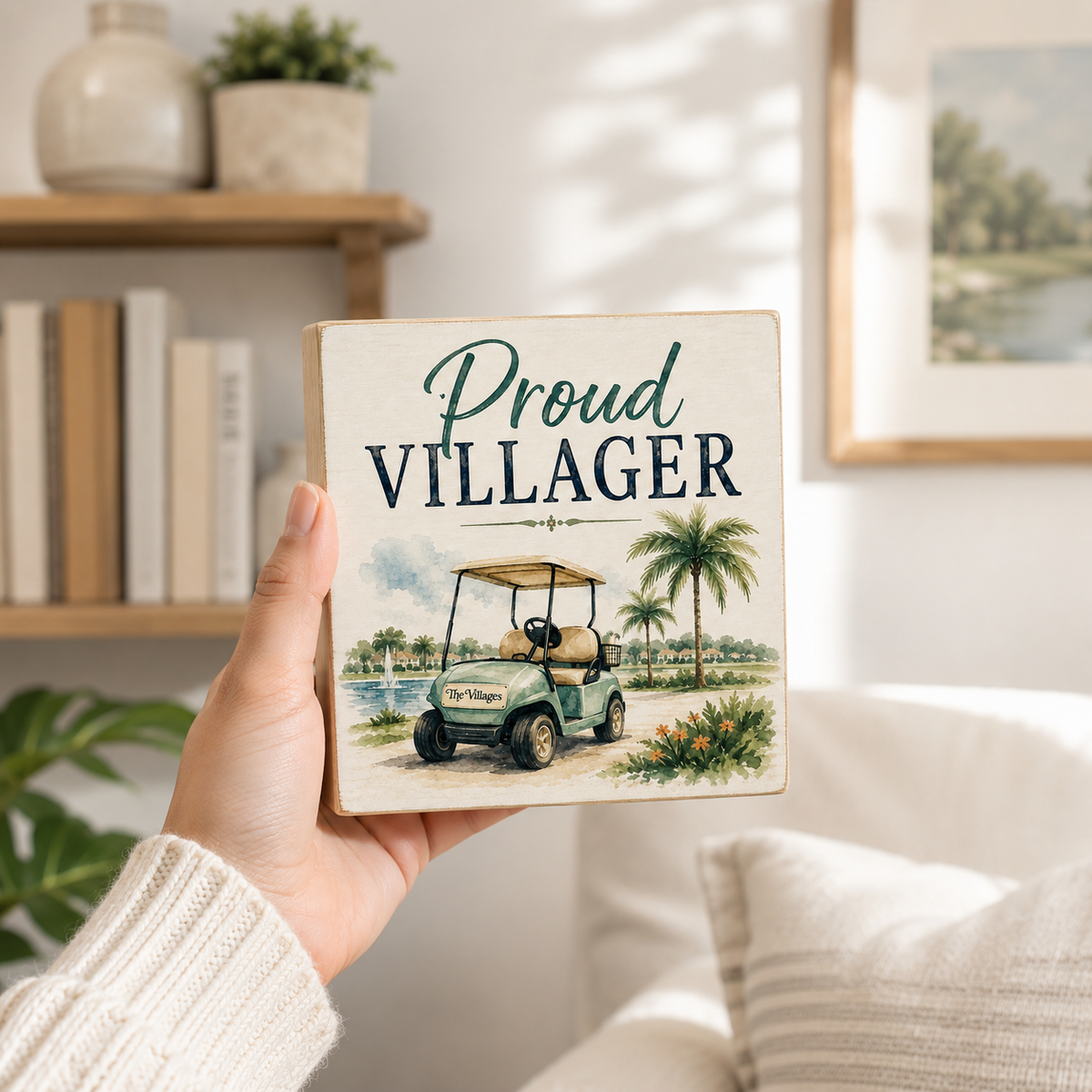 A hand holds a square decorative sign that reads “Proud Villager” above an illustration of a golf cart, palm trees, and water. The sign is shown in a cozy indoor setting with a bookshelf and framed art in the background.