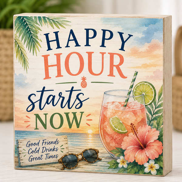 Decorative sign with 'Happy Hour Starts Now' text and a tropical design.