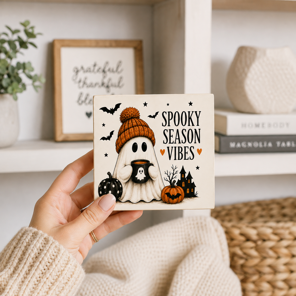 A hand wearing a cream knit sweater holds a square ceramic tile with a Halloween design. The tile features a cartoon ghost in an orange beanie holding a pumpkin, alongside pumpkins, bats, a haunted house, and the text 'SPOOKY Season VIBES'.