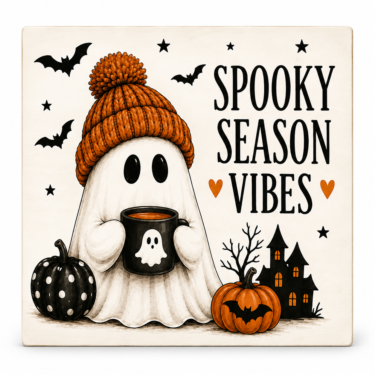 A square decorative sign or print featuring a Halloween illustration with the words “SPOOKY SEASON VIBES.” The design shows a ghost-like figure in a brown knit hat holding a black mug with a ghost face, beside a black-and-white polka-dot pumpkin, an orange pumpkin with a bat detail, a haunted house, and black bats on a cream background.