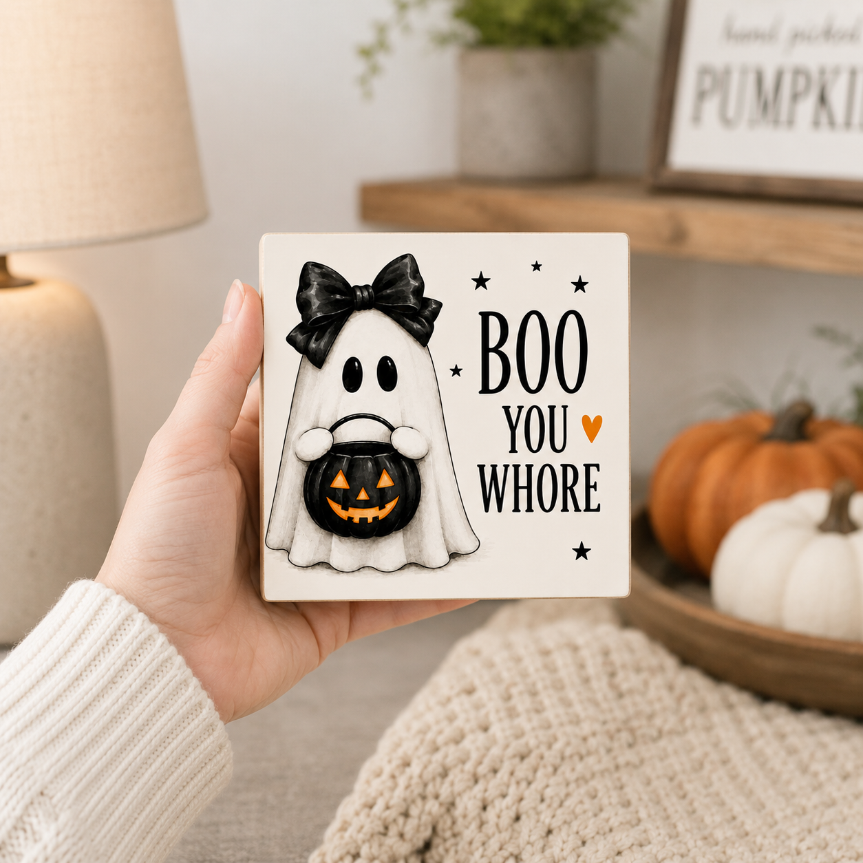 A hand holds a square ceramic tile featuring a cute Halloween design of a ghost in a black bow holding a jack-o'-lantern bucket, next to the text 'BOO YOU WHORE' with small stars and a heart. The background shows a cozy, styled home interior with a lamp, pumpkins, and a knitted blanket.