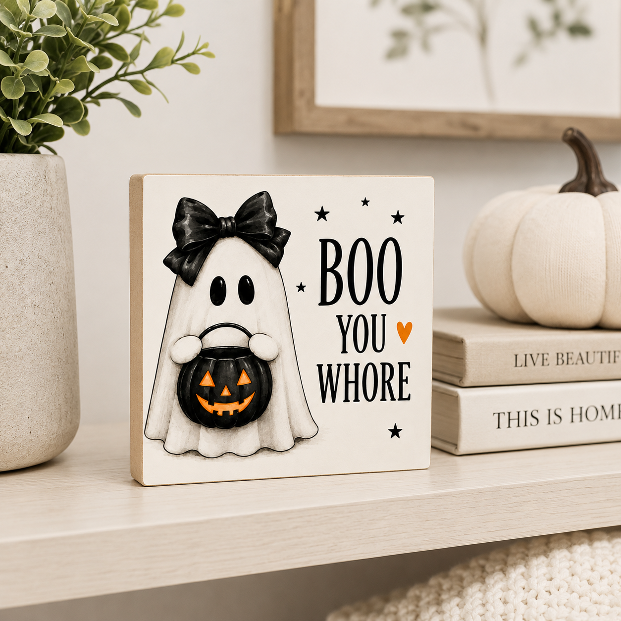 A square wooden Halloween sign with a ghost holding a jack-o'-lantern bucket and the text 'BOO YOU WHORE' stands on a light wood shelf beside a plant, books, and a decorative pumpkin.