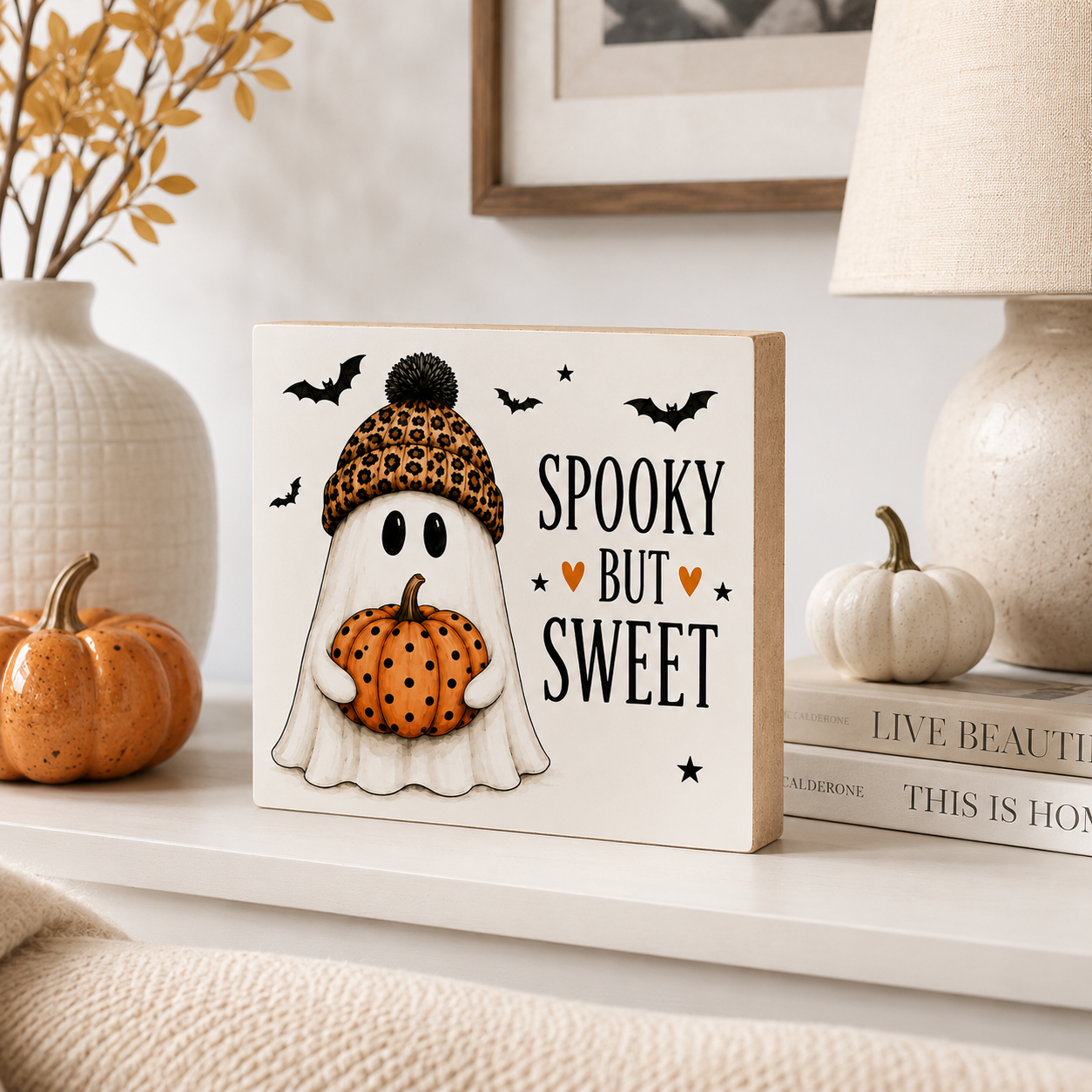 A decorative square sign with a cartoon ghost wearing a leopard-print beanie and holding a pumpkin, next to the words “SPOOKY BUT SWEET,” styled on a shelf with pumpkins, books, a lamp, and a vase.