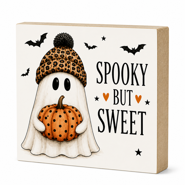 A square decorative sign with a Halloween design, featuring a ghost holding an orange pumpkin, a leopard-print hat, bats, and the text 'SPOOKY BUT SWEET' on a white front panel with a natural wood side edge.