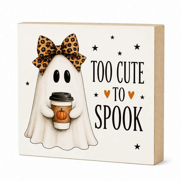 A square decorative sign with a cartoon ghost holding a coffee cup, wearing a leopard-print bow, next to the text 'TOO CUTE TO SPOOK' on a white face with a natural wood side edge.