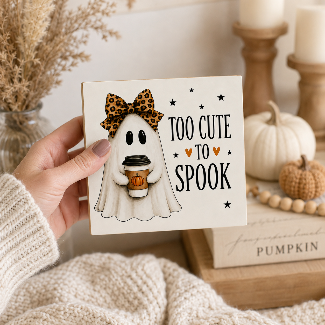 A hand holds a square decorative sign that reads 'TOO CUTE TO SPOOK' with a cartoon ghost holding a coffee cup and wearing a leopard-print bow. The scene is styled in a cozy autumn setting with pumpkins, candles, and a knit blanket.