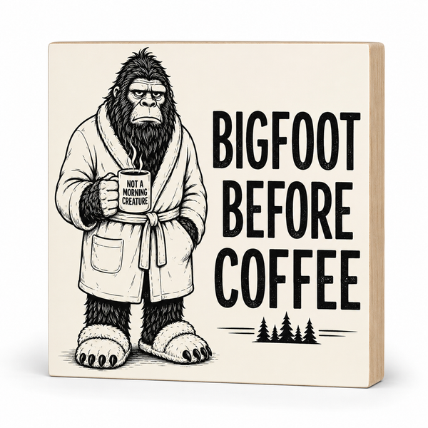 A square decorative sign or plaque with a light beige background showing a black-and-white illustration of a Bigfoot character in a robe holding a mug that says 'NOT A MORNING CREATURE.' Next to the character is large black text reading 'BIGFOOT BEFORE COFFEE,' with small pine tree silhouettes near the bottom.