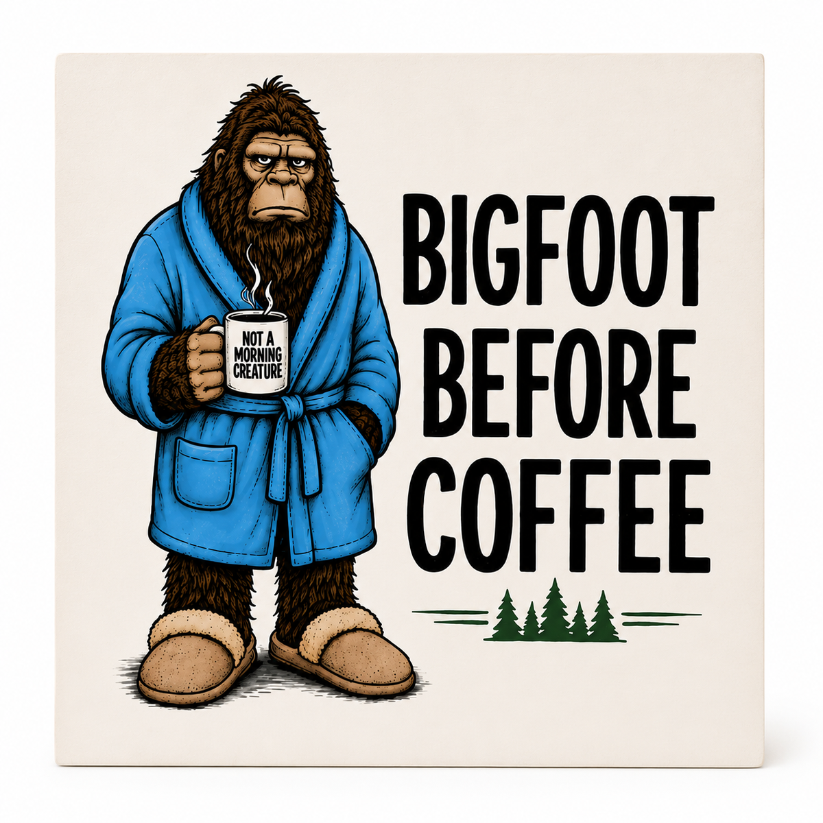A square canvas print featuring a cartoon Bigfoot in a blue robe holding a mug that reads 'NOT A MORNING CREATURE' next to the bold text 'BIGFOOT BEFORE COFFEE' on a cream background.
