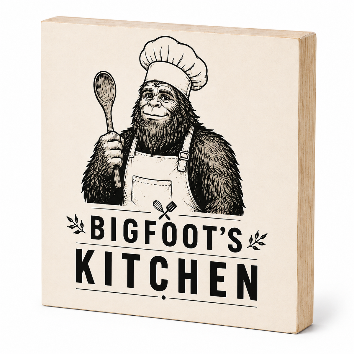 A square decorative wooden sign with a light beige wood-grain finish, featuring a black-and-white illustration of Bigfoot wearing a chef's hat and apron while holding a wooden spoon. The text 'BIGFOOT'S KITCHEN' is printed below in bold black lettering.