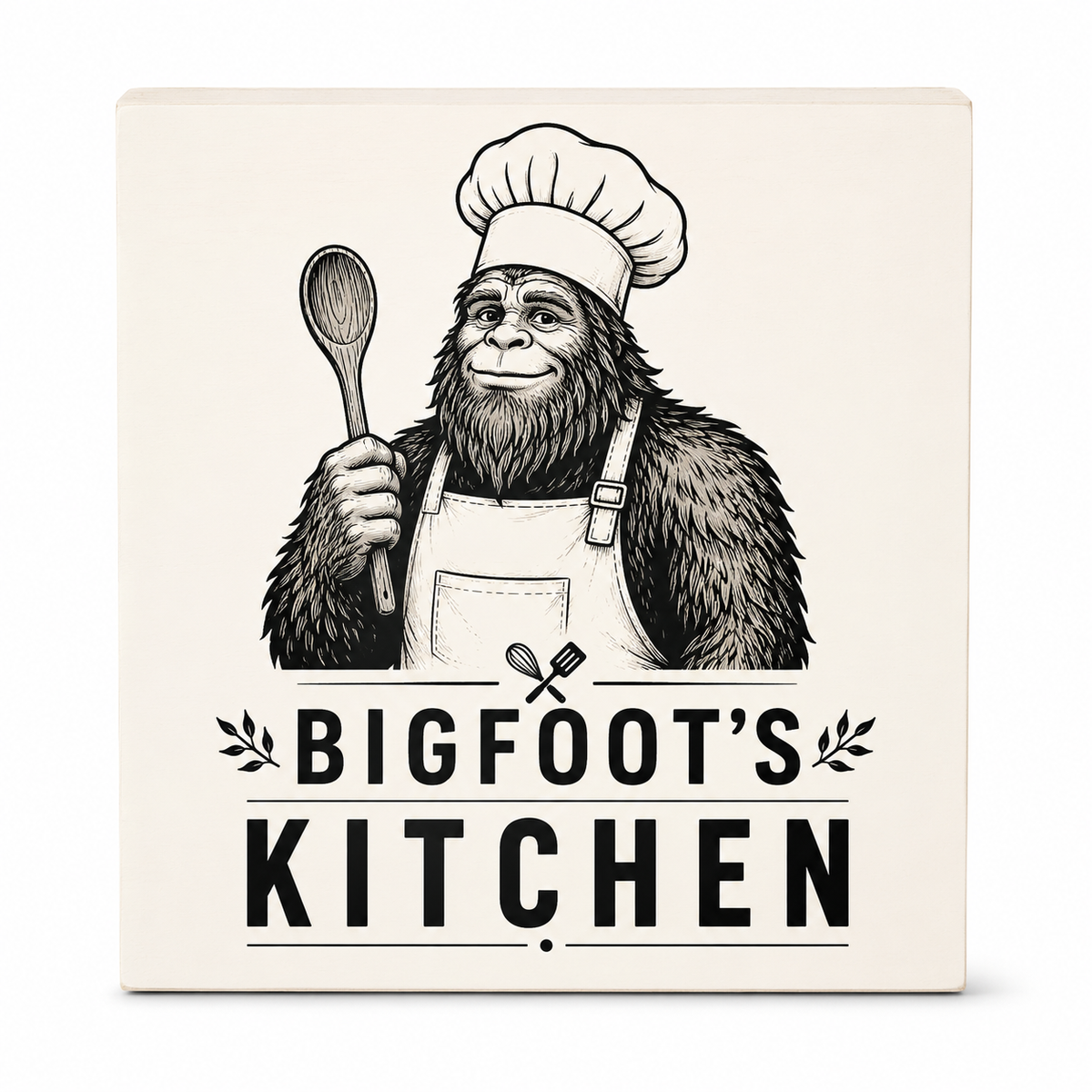 A square decorative sign or plaque with rounded corners, featuring a black-and-white illustration of Bigfoot wearing a chef's hat and apron while holding a wooden spoon, above the text 'BIGFOOT'S KITCHEN.' The sign has a warm off-white background and is shown against a light gray studio backdrop.
