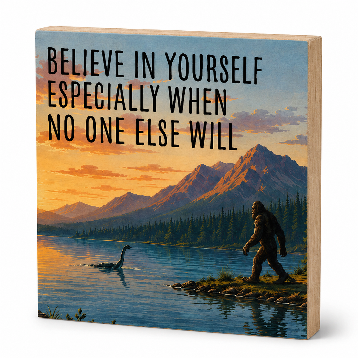 A square wooden block sign with rounded corners, featuring a scenic landscape illustration of a lake, mountains, trees, and a walking figure at sunset, with the text 'BELIEVE IN YOURSELF ESPECIALLY WHEN NO ONE ELSE WILL' printed on the front.