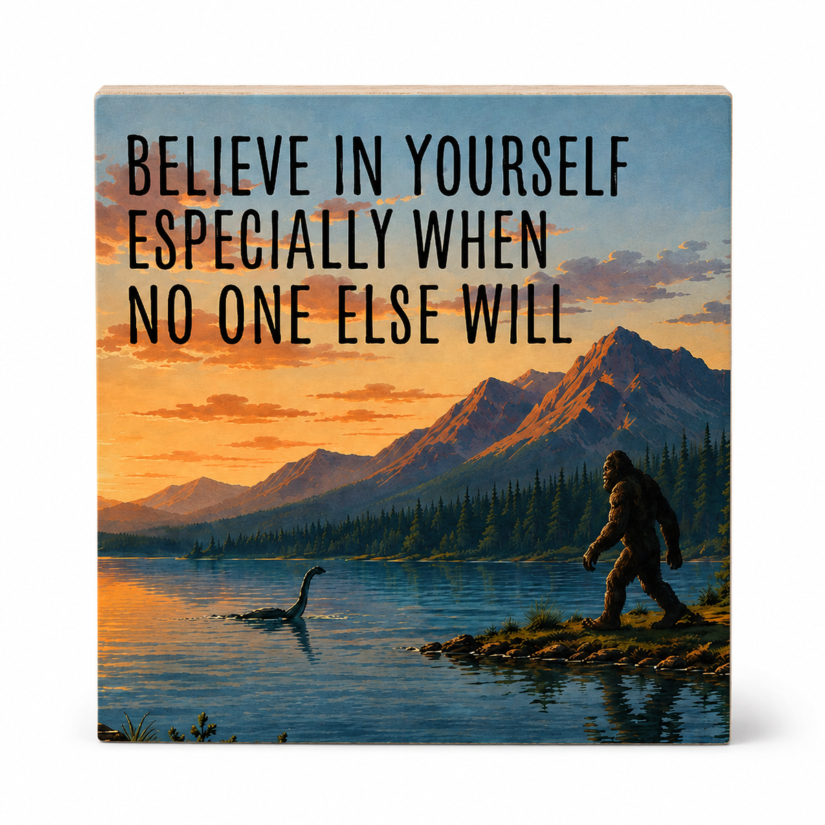 Square wooden plaque or block with a scenic mountain lake sunset print and large black text reading, 'BELIEVE IN YOURSELF ESPECIALLY WHEN NO ONE ELSE WILL.' A Bigfoot figure and a dinosaur-like head appear in the artwork.