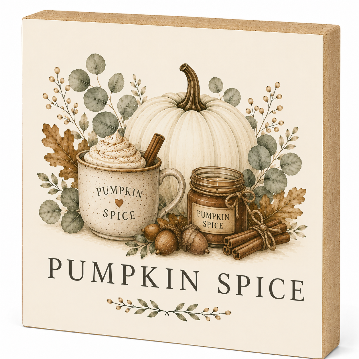 A square decorative sign with a warm autumn design featuring a white pumpkin, a mug of whipped cream with cinnamon stick, acorns, leaves, and a candle labeled 'Pumpkin Spice.' Large text at the bottom reads 'Pumpkin Spice.
