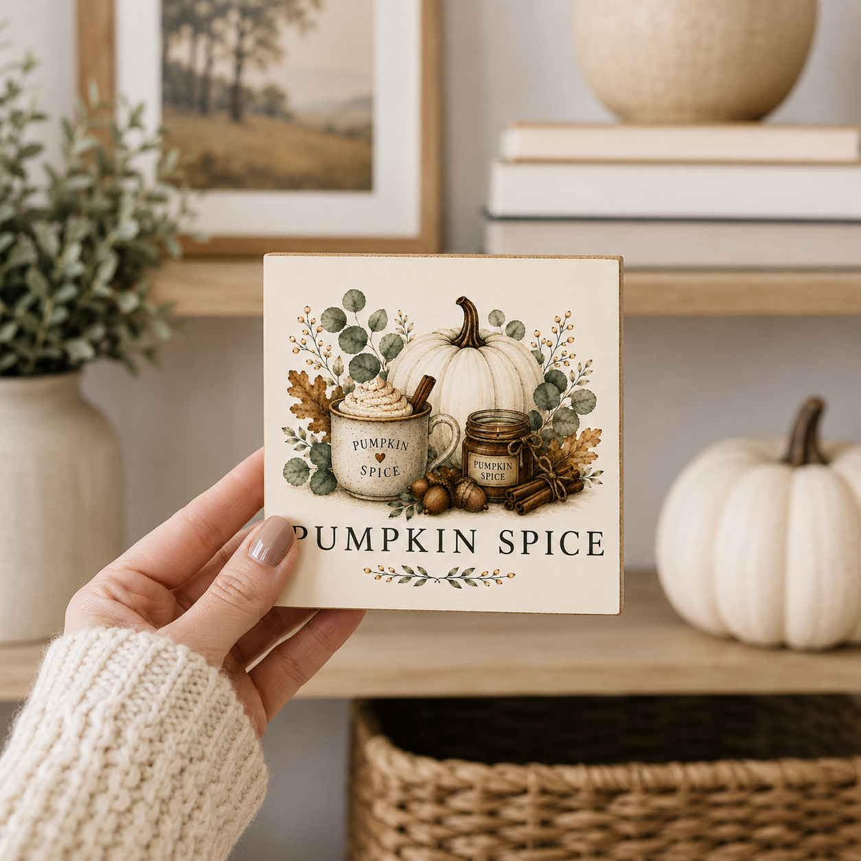 A hand wearing a cream knit sweater holds a square decorative coaster featuring a fall-themed illustration of a pumpkin, spice jar, cinnamon mug, and the text 'PUMPKIN SPICE'. The background shows a cozy, styled home interior with a shelf, books, a plant, and another pumpkin.