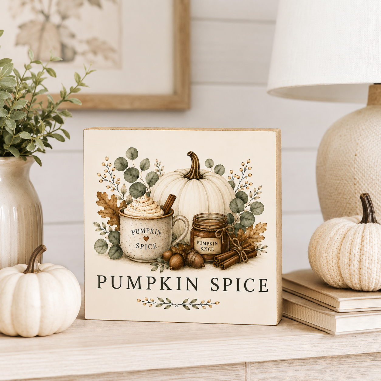A square decorative sign reading “PUMPKIN SPICE” with an illustrated autumn scene featuring a white pumpkin, a mug of pumpkin spice latte, jars, cinnamon sticks, acorns, and eucalyptus leaves. The sign is styled on a tabletop with small pumpkins, books, a vase, and a lamp in a warm home setting.
