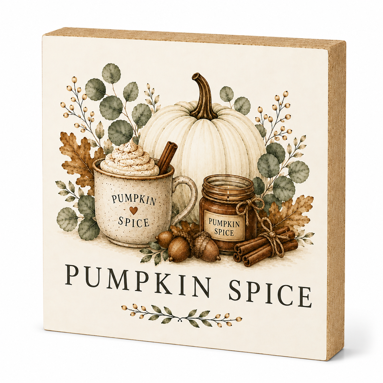A square decorative sign with a kraft-paper border and a cream front panel featuring an autumn-themed illustration of a white pumpkin, a mug of whipped cream with cinnamon, acorns, leaves, and a candle labeled 'Pumpkin Spice.' Large text at the bottom reads 'Pumpkin Spice.