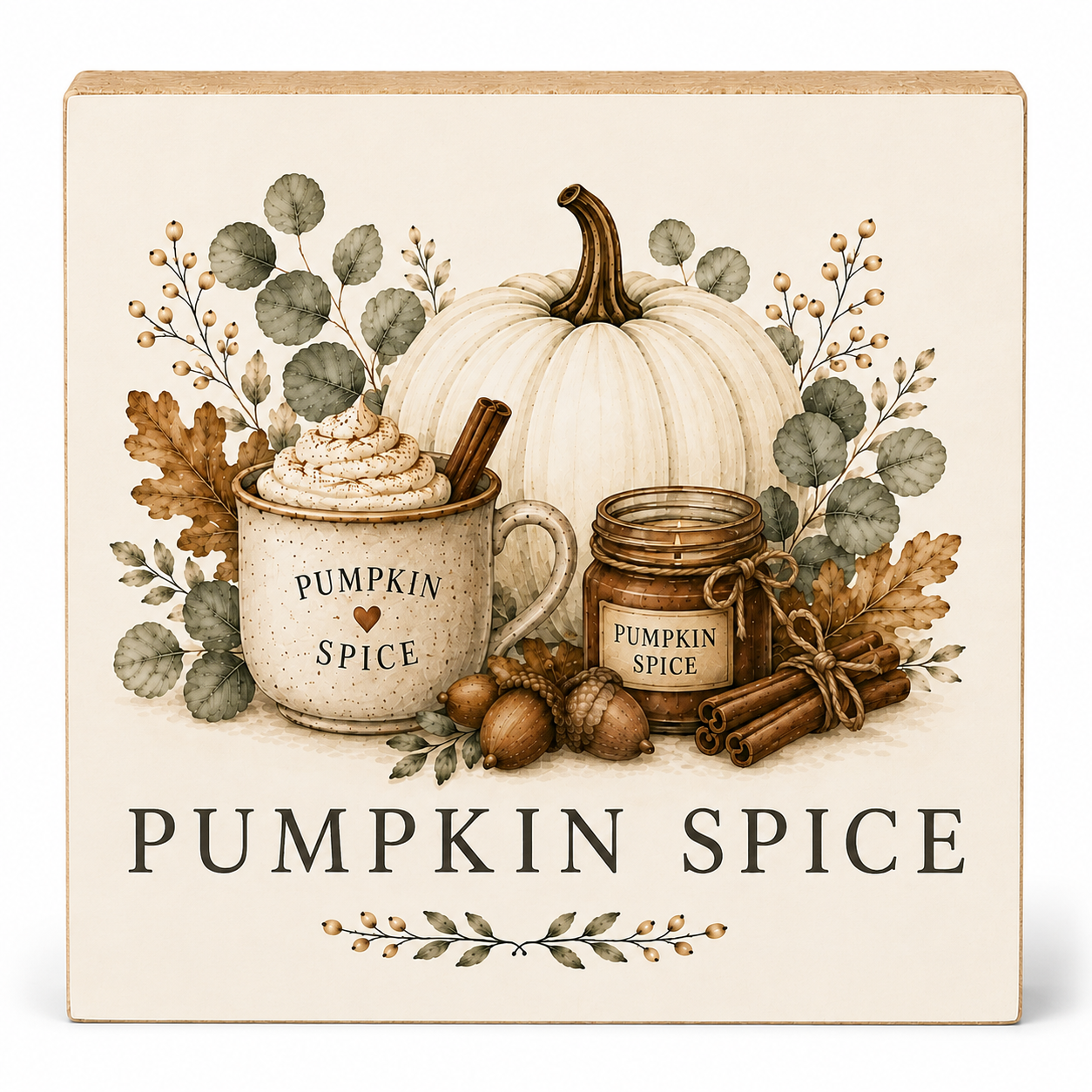 A square decorative sign with a fall-themed illustration featuring a white pumpkin, a mug of whipped cream with cinnamon stick, acorns, cinnamon sticks, leaves, and the text 'PUMPKIN SPICE' on a warm cream background.