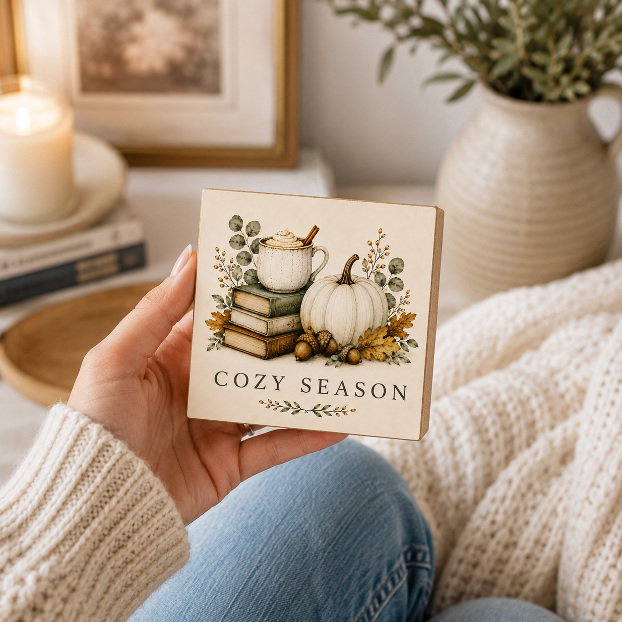 A hand holds a square decorative coaster featuring an autumn illustration with a mug, books, a pumpkin, acorns, and the words 'COZY SEASON' against a cozy indoor setting with a candle, framed art, and a vase in the background.