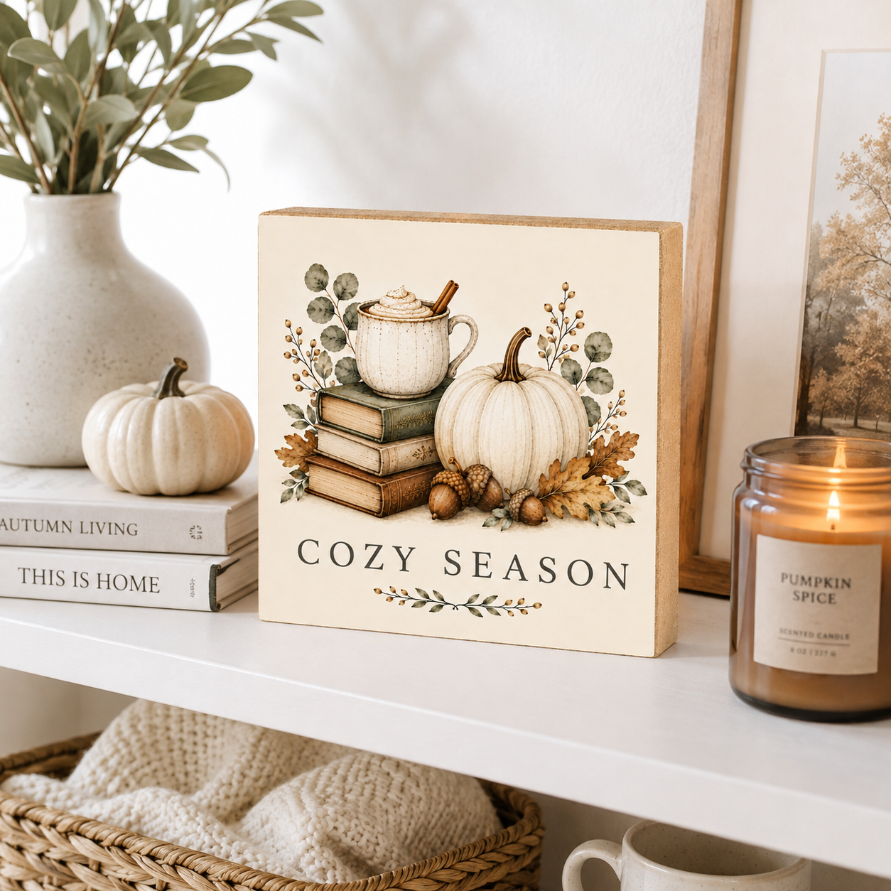 A decorative wooden sign reading “COZY SEASON” sits on a white shelf in a styled home setting. The sign features an autumn illustration with stacked books, a mug, a white pumpkin, acorns, and leaves.