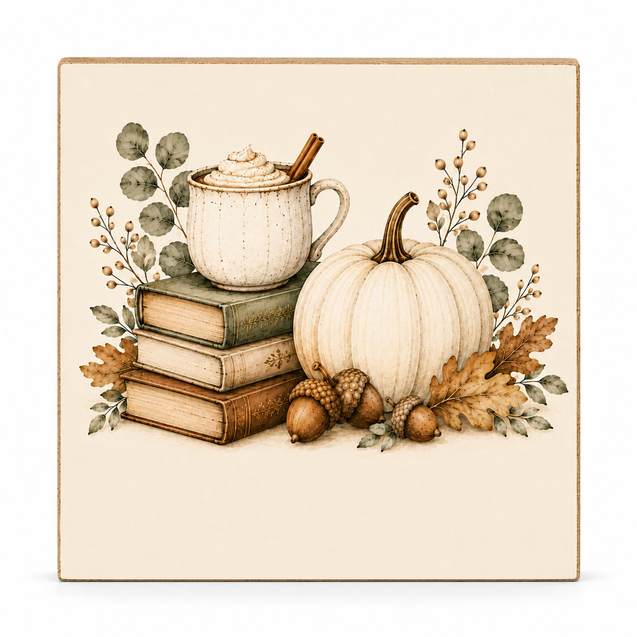 A square ceramic tile or coaster featuring a warm autumn still life illustration with a mug of whipped drink on stacked books, a cream pumpkin, acorns, and fall leaves on a beige background.
