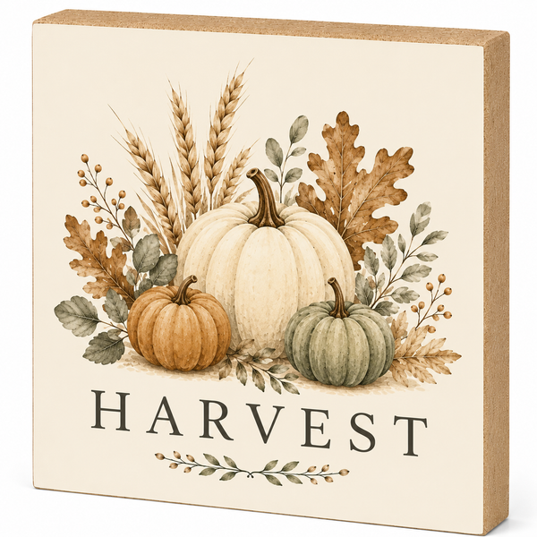 A square decorative wall sign with a natural wood edge, featuring an autumn harvest illustration with pumpkins, wheat stalks, leaves, and the word “HARVEST” in dark serif lettering on a warm cream background.