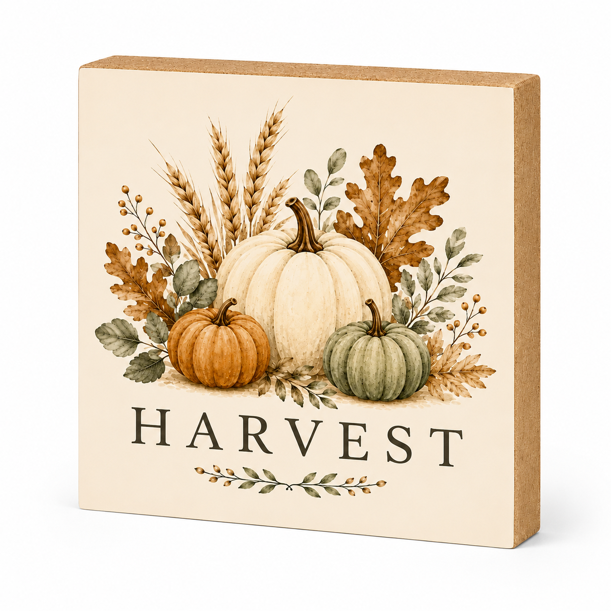 A square decorative wooden block sign with a natural wood side edge and a cream front panel featuring an autumn harvest illustration with pumpkins, wheat, leaves, and the word “HARVEST” in dark lettering.