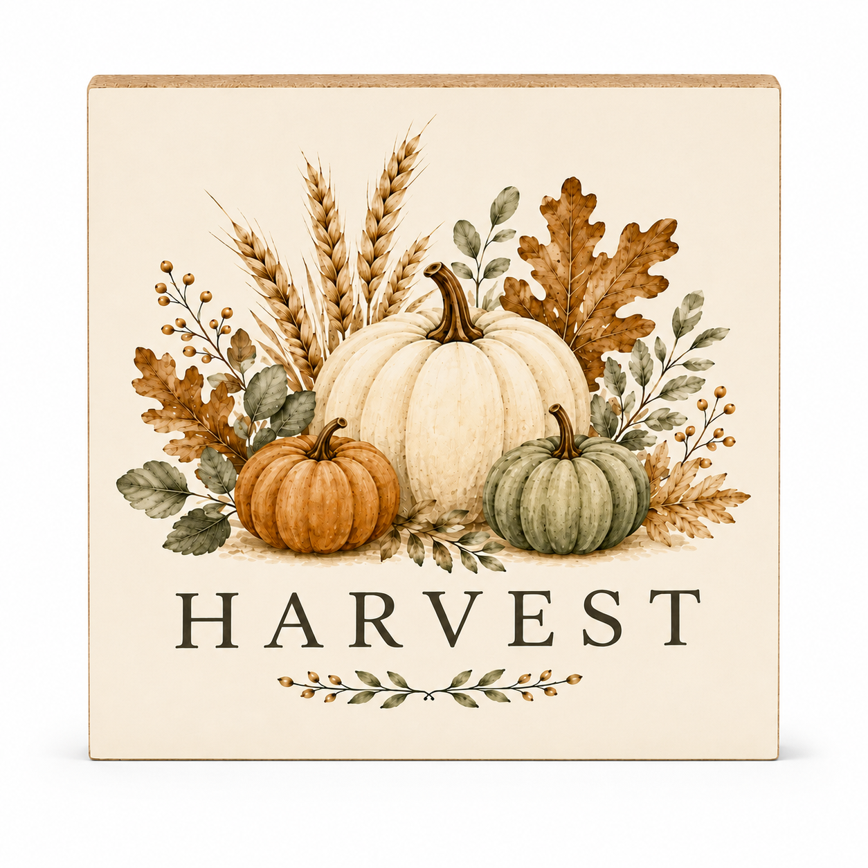 A square decorative sign with a fall harvest illustration, featuring a large cream pumpkin, a small orange pumpkin, a muted green pumpkin, wheat stalks, leaves, and the word HARVEST in dark lettering on a warm cream background.