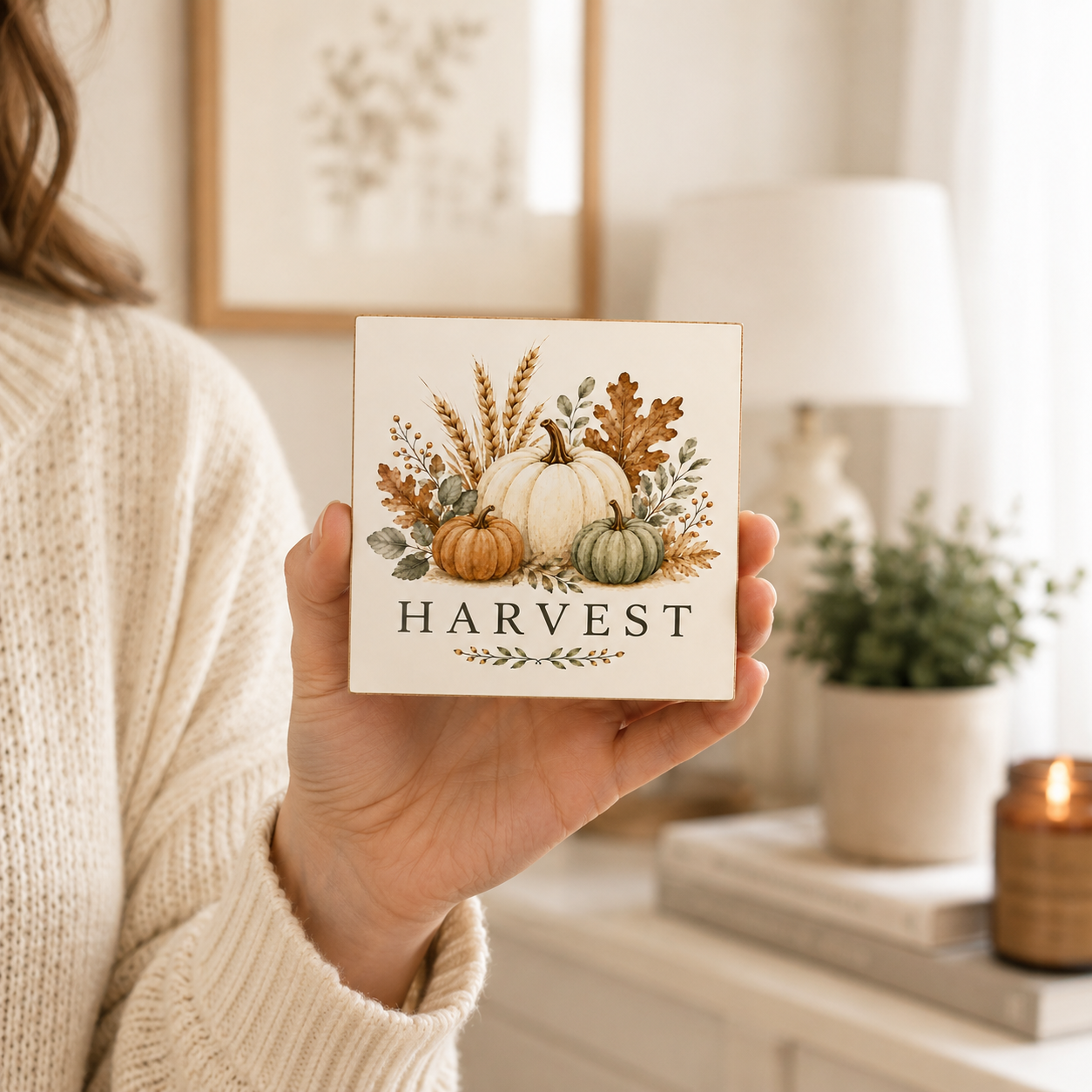 A person in a cream knit sweater holds a square decorative sign featuring an autumn harvest illustration with pumpkins, wheat, and the word “HARVEST” in black serif text.
