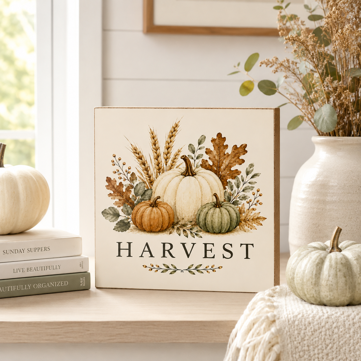A square decorative sign with a rustic cream background and an autumn harvest illustration featuring pumpkins, wheat, leaves, and the word “HARVEST” in black serif text. The sign is styled on a wooden shelf in a bright, neutral room with books, a vase of dried stems, and small pumpkins nearby.