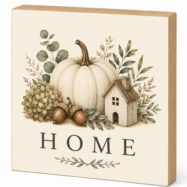 A square decorative sign with a light wood border and a cream background, featuring an illustrated white pumpkin, small house, acorns, eucalyptus leaves, and the word “HOME” in dark lettering.