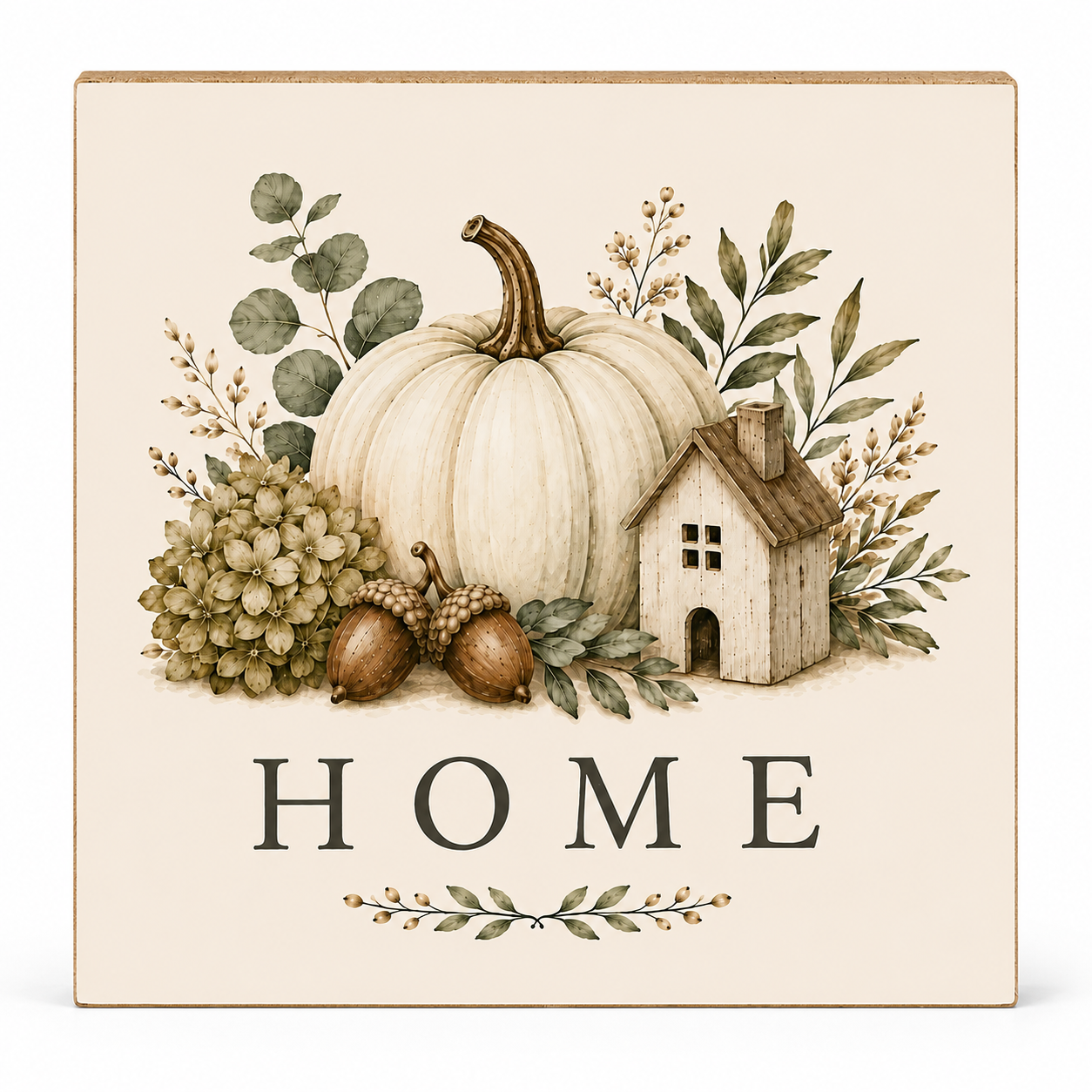 A square decorative wall sign with a fall harvest illustration featuring a cream pumpkin, acorns, eucalyptus leaves, a small house, and the word “HOME” in dark lettering on a warm beige background.