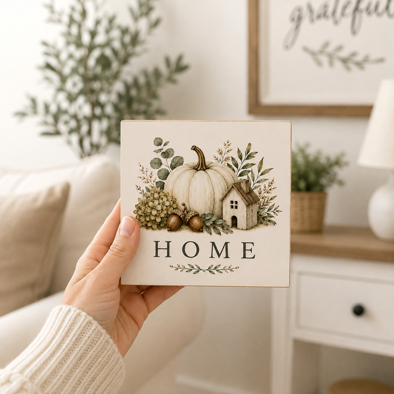 A hand holds a square decorative tile featuring a fall harvest illustration with a white pumpkin, acorns, grapevines, a small house, and the word “HOME” in a cozy living room setting.
