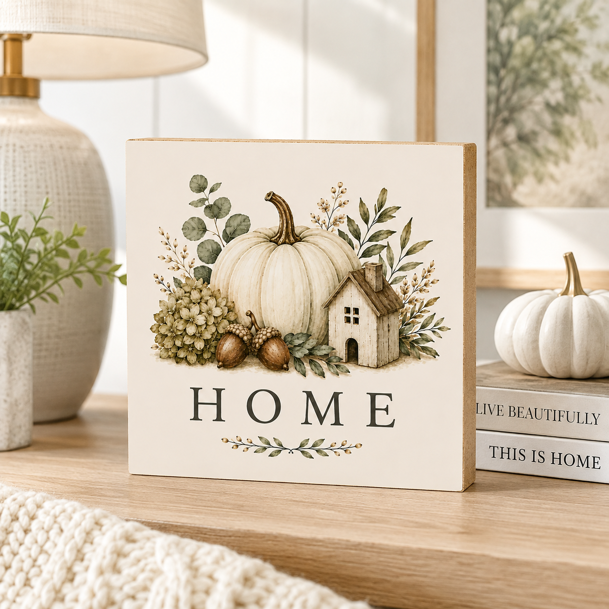 A square decorative sign with a warm cream background and a fall harvest illustration featuring a white pumpkin, small house, acorns, and leaves. The word “HOME” appears in dark serif lettering at the bottom.
