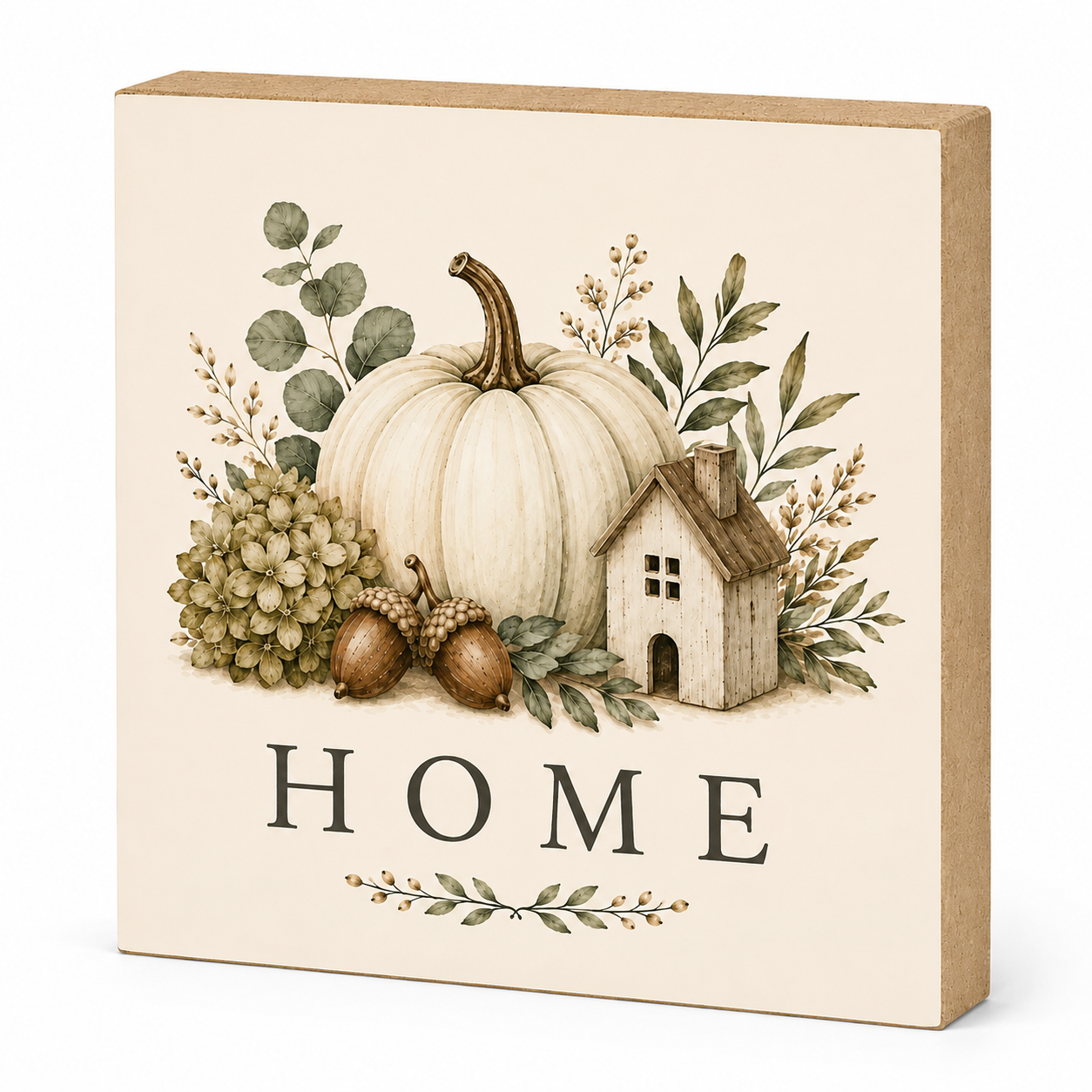 A square decorative wall sign with a natural wood edge and a cream face, featuring an autumn harvest illustration of a white pumpkin, acorns, eucalyptus leaves, a small house, and the word “HOME” in dark lettering.