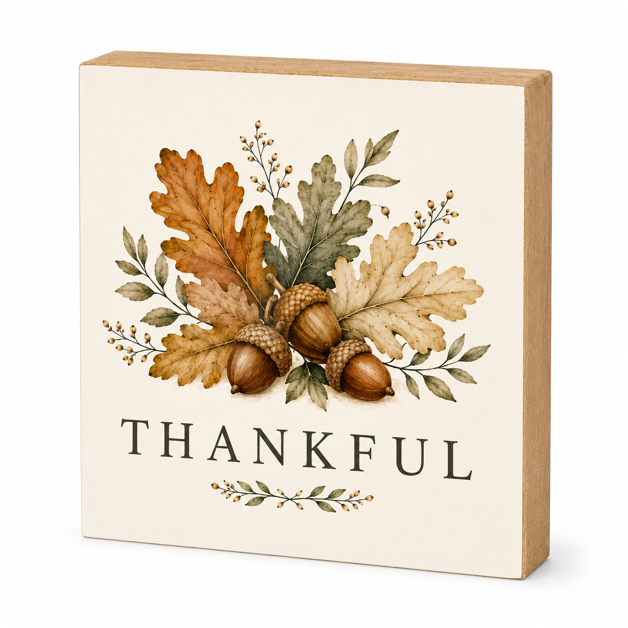 A square decorative wooden sign with a light natural wood border and a cream face, featuring an autumn leaf and acorn illustration above the word 'THANKFUL' in dark serif lettering.