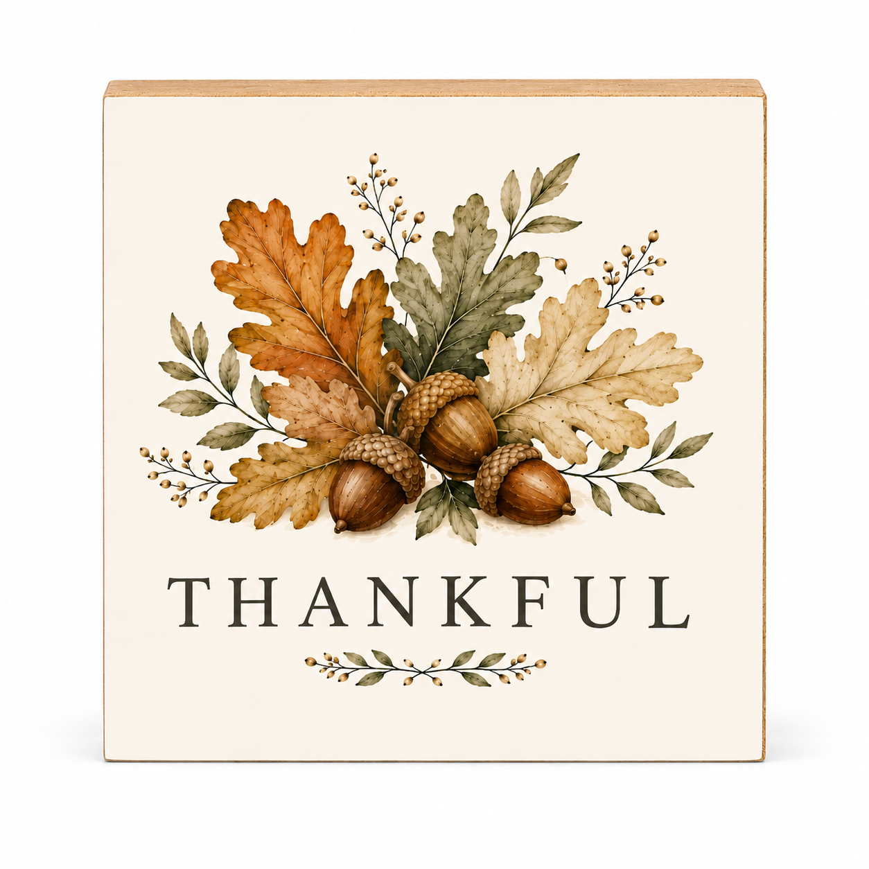 A square decorative wooden sign with a cream background, featuring an autumn botanical illustration of oak leaves, acorns, and small branches above the word “THANKFUL” in dark serif lettering.