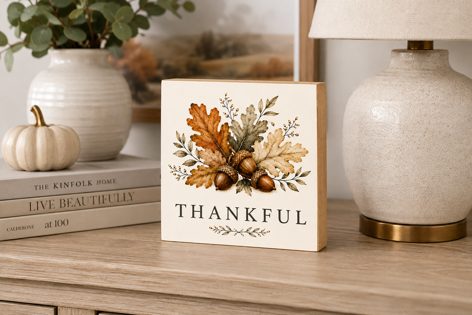 A square decorative sign with a cream face and natural wood edges, featuring an autumn leaf and acorn illustration above the word 'THANKFUL.' The sign is styled on a wooden tabletop beside a lamp, books, a small pumpkin, and a vase.