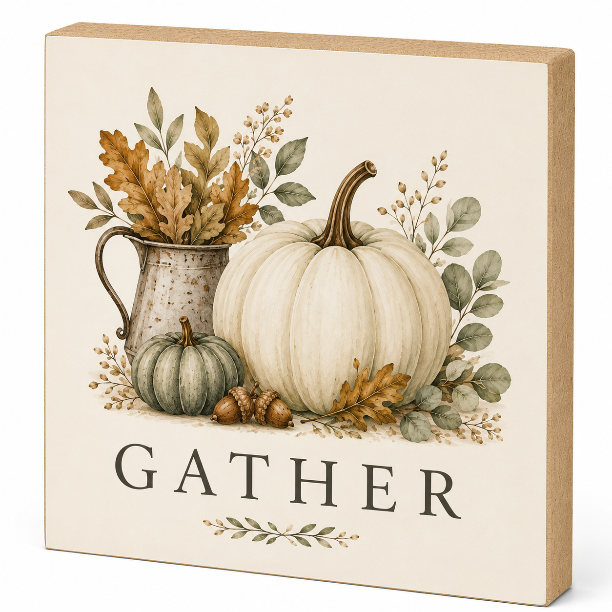 A square decorative sign with a fall harvest illustration featuring a large white pumpkin, a smaller green pumpkin, acorns, leaves, and a rustic metal pitcher with autumn leaves. The word “GATHER” is printed at the bottom, and the sign has a light wood-toned edge.