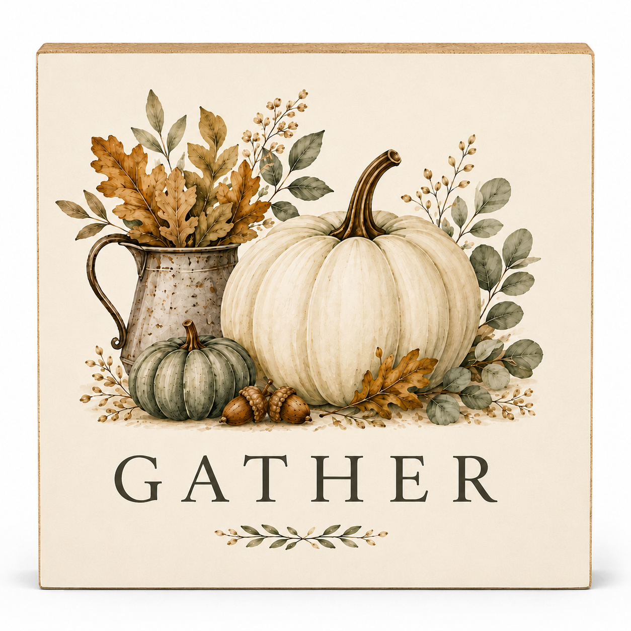 Square decorative wall sign with a fall harvest illustration, including a large cream pumpkin, a smaller green pumpkin, acorns, leaves, berries, and the word “GATHER” in dark serif lettering on a warm cream background.