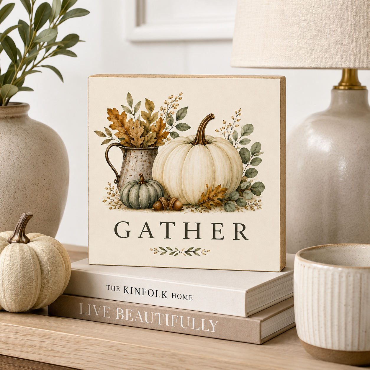 A square decorative sign with a fall harvest illustration and the word “GATHER” on the front, styled on stacked books on a wooden shelf beside a lamp, ceramic vase, and small pumpkins.
