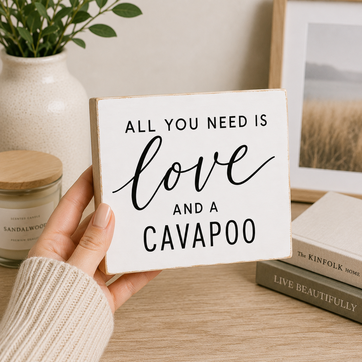 A hand holds a square white wooden sign with the phrase 'ALL YOU NEED IS love AND A CAVAPOO' in black lettering. The sign is shown in a cozy indoor setting on a wooden table, with a ceramic vase, candle, framed picture, and books in the background.