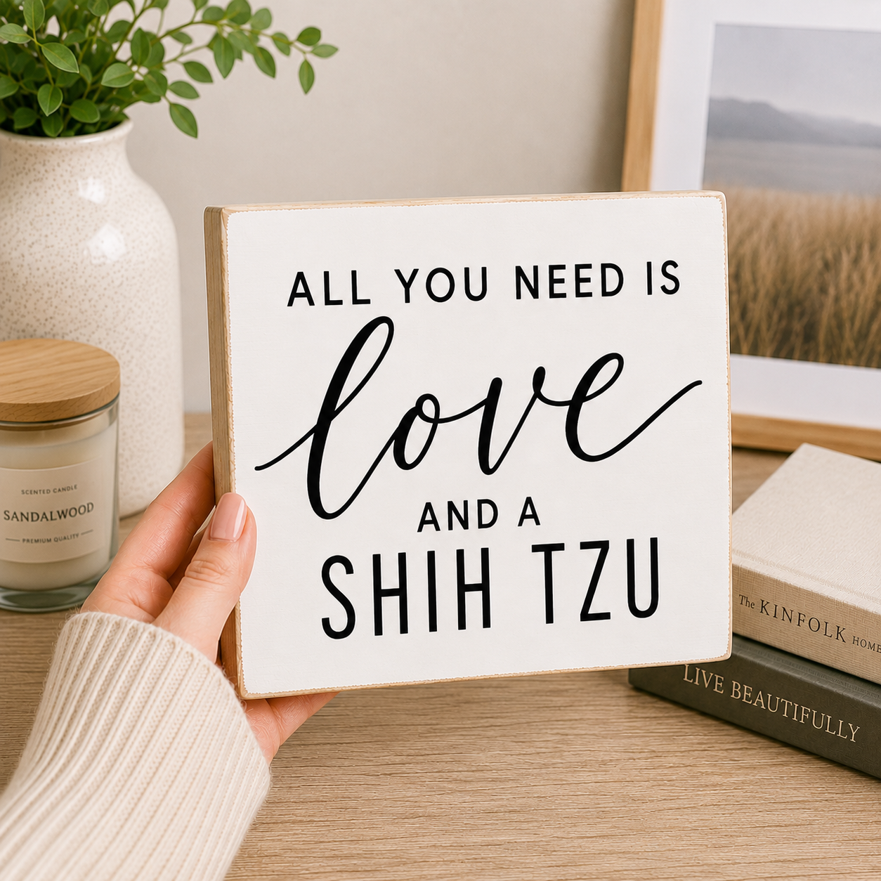 A hand holds a square white wooden sign with the text 'ALL YOU NEED IS love AND A SHIH TZU' in black lettering. The sign is shown in a cozy indoor setting on a wooden table, with a candle, books, and a framed picture in the background.