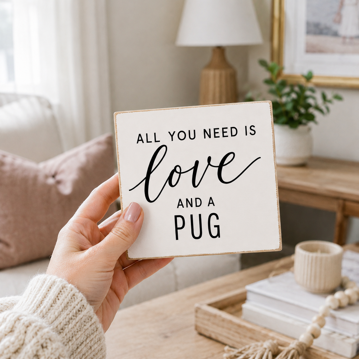 A hand holds a square white decorative sign with a natural wood border and black text that reads, 'ALL YOU NEED IS love AND A PUG.' The background shows a softly blurred home interior with a lamp, plant, tray, and books.