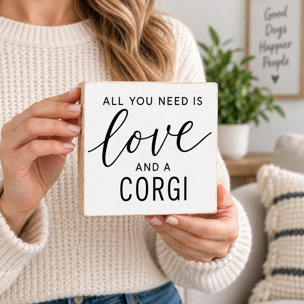A woman in a cream knit sweater holds a square white wooden sign that reads 'ALL YOU NEED IS love AND A CORGI' in black lettering. The background shows a cozy living room setting with a potted plant and a framed sign.