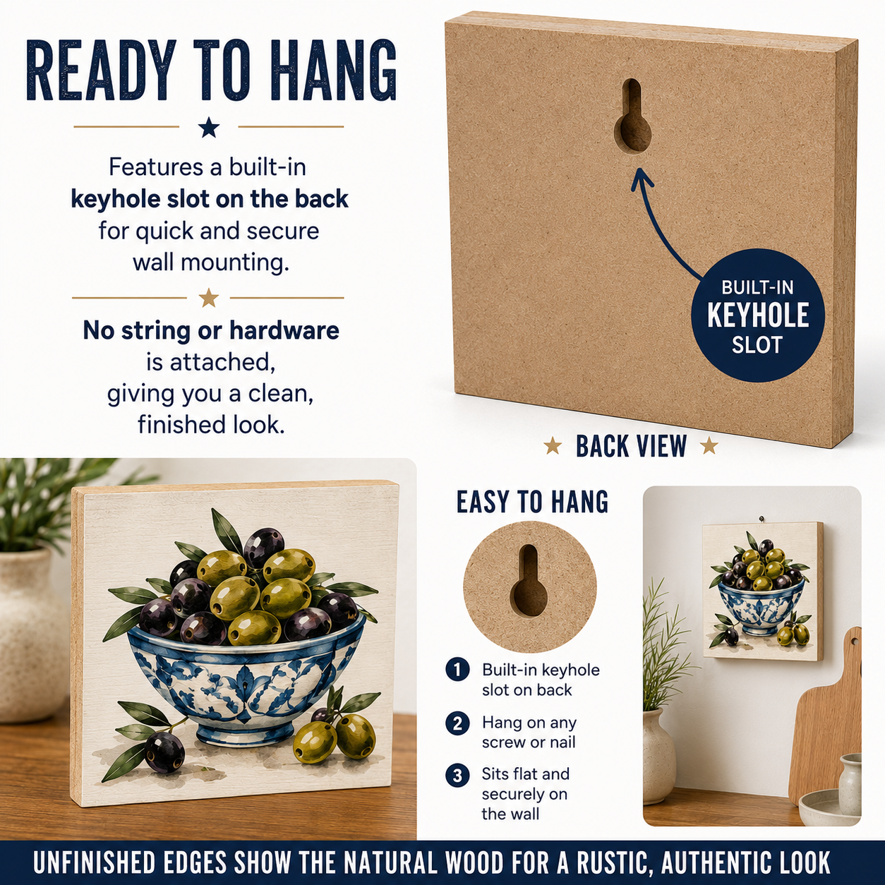 A rustic wooden wall-mounted keyhole plaque with a painted olives-in-a-bowl design, shown with text callouts explaining built-in keyhole mounting and back view. The product is displayed on a white background with lifestyle-style decor props and instructional text.