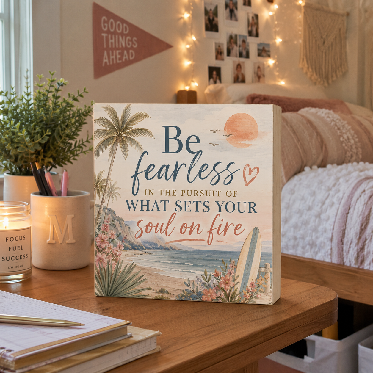 A square decorative sign with a beach scene and the text 'Be fearless in the pursuit of what sets your soul on fire' sits on a wooden table in a cozy bedroom setting.