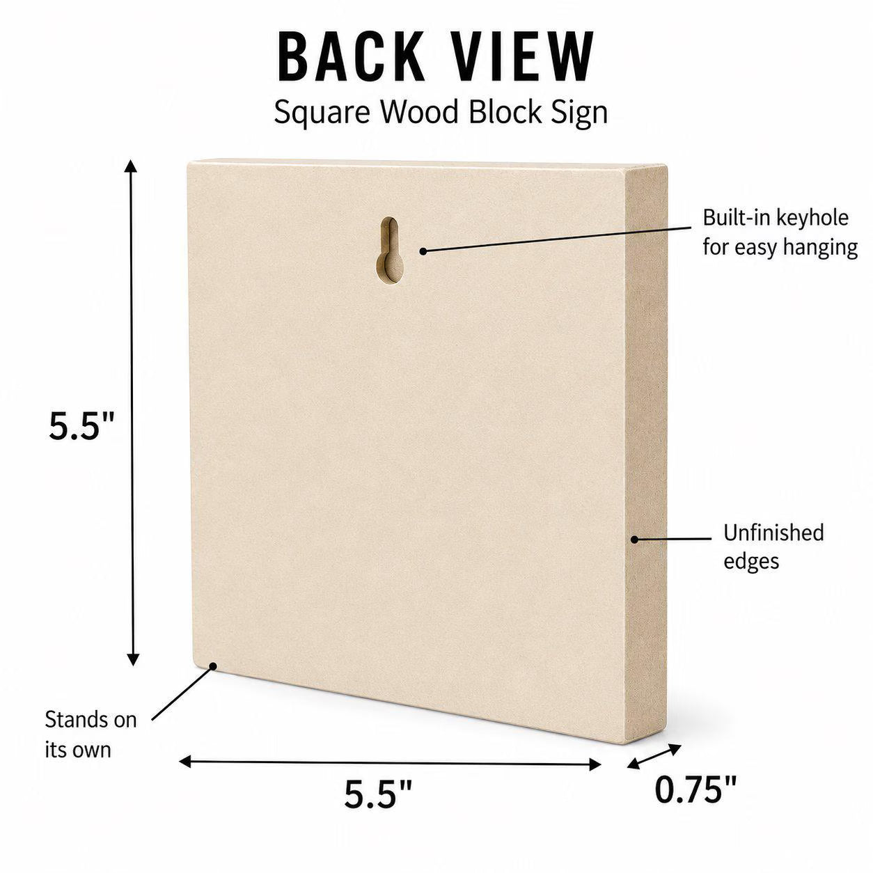 Back view of a square unfinished wood block sign on a white background, with dimension labels showing 5.5 inches height and width and a 0.