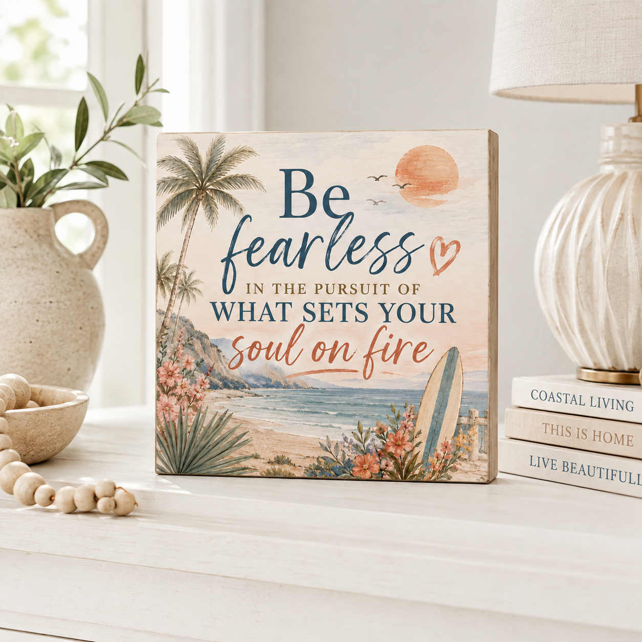 A rectangular decorative wall sign with a beach scene and the phrase “Be fearless in the pursuit of what sets your soul on fire,” styled on a white tabletop beside a vase, beads, books, and a lamp.