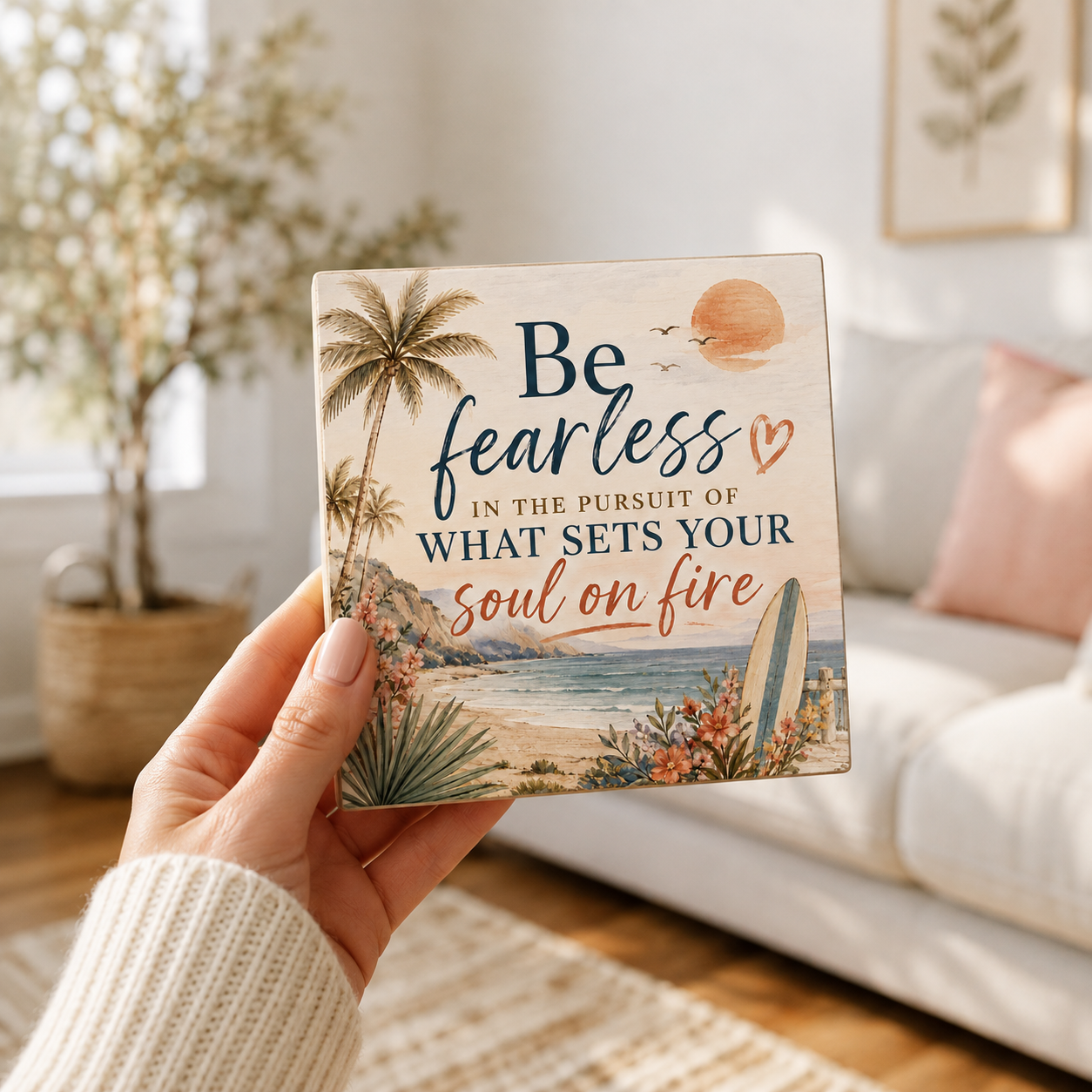 A hand holds a square decorative coaster featuring a tropical beach scene with palm trees, a surfboard, and the quote 'Be fearless in the pursuit of what sets your soul on fire.' The background shows a softly blurred living room with a sofa and potted plant.