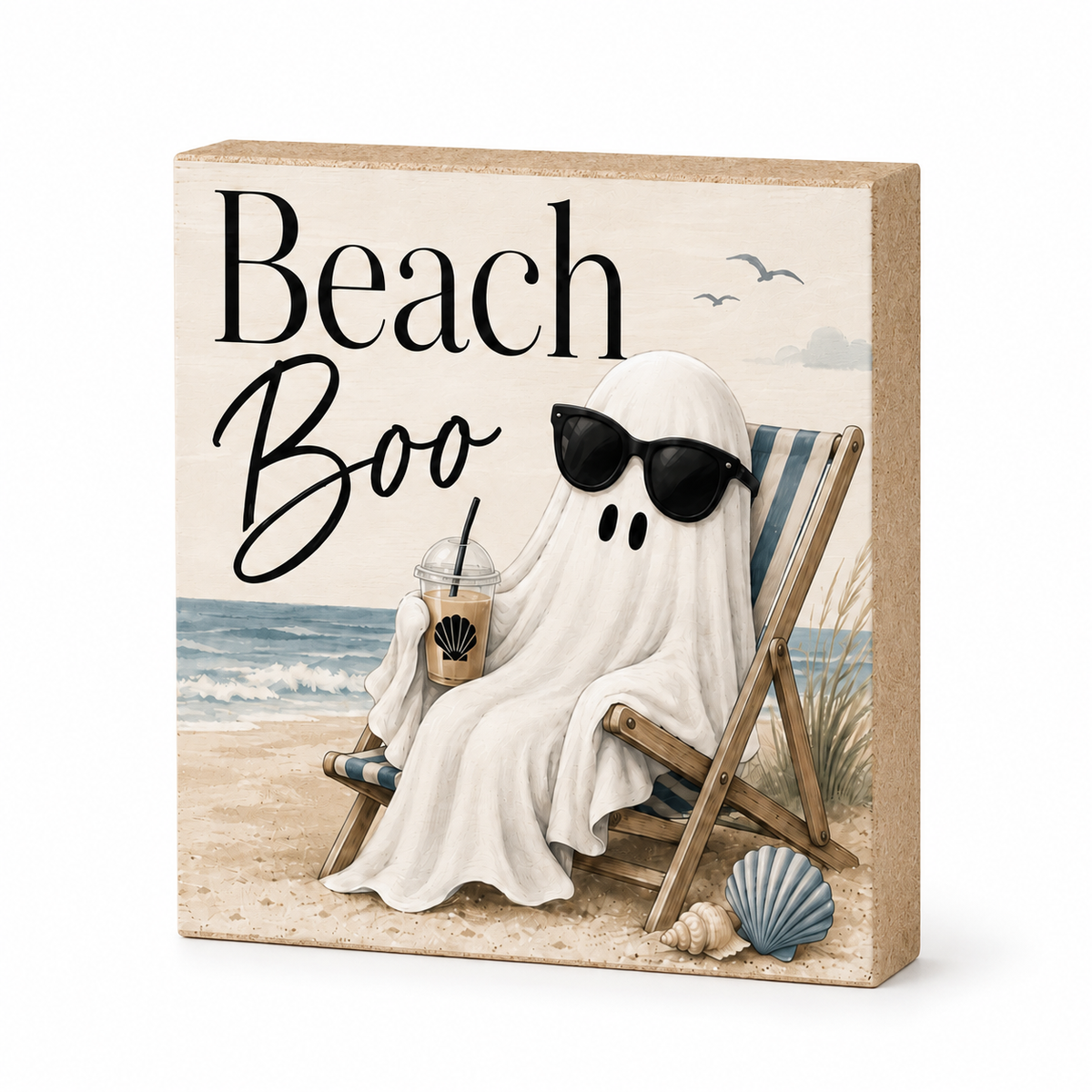 A square decorative sign with a beach scene and the words 'Beach Boo' in large black lettering. The design shows a ghost-like figure in a white sheet sitting in a striped beach chair on the sand, wearing black sunglasses and holding an iced coffee, with blue ocean waves and seashells in the background.